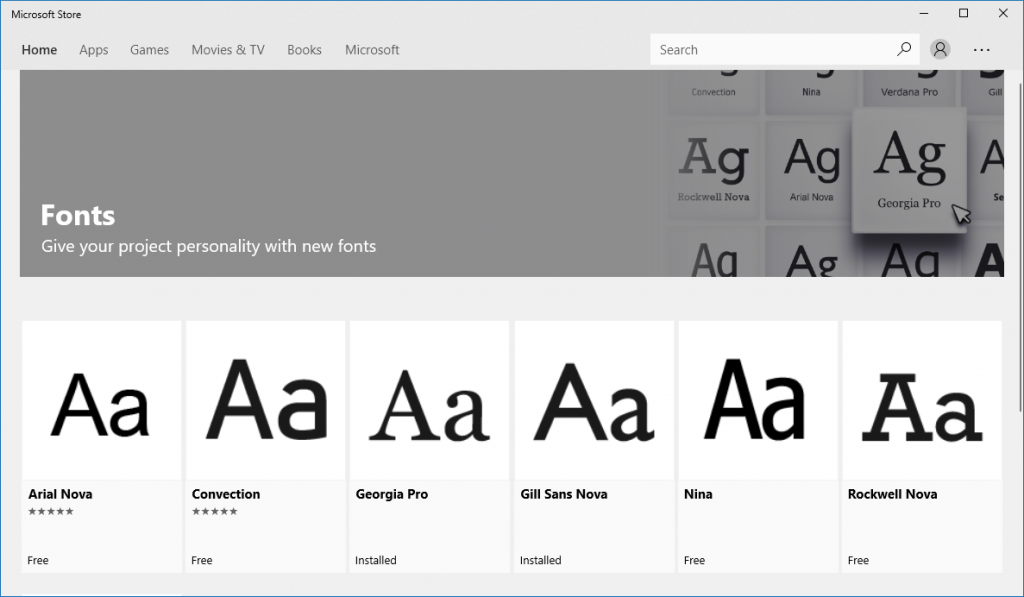 New Fonts collection available in the Microsoft Store.
