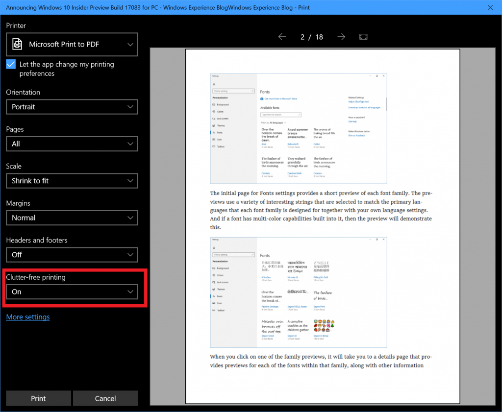 The print dialog opened from Microsoft Edge, with the clutter-free printing option highlighted.