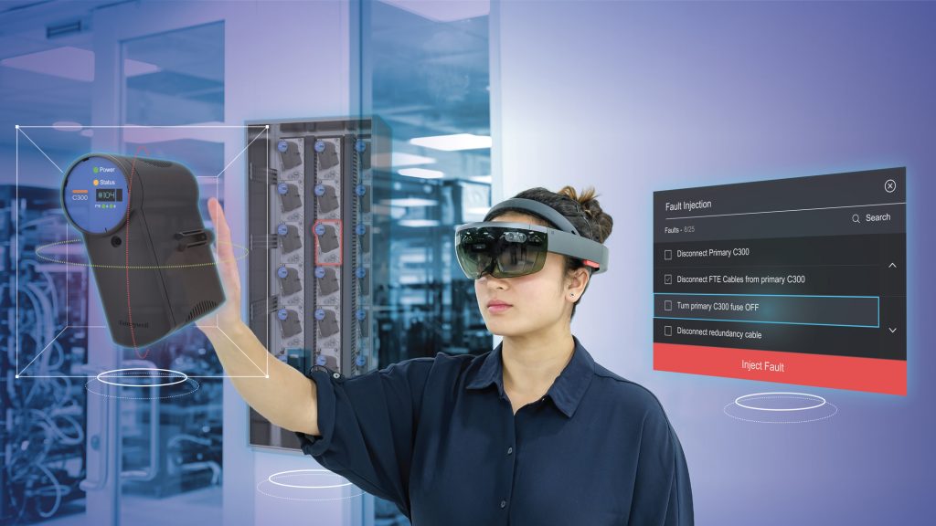 Person wearing Microsoft HoloLens using Honeywell's mixed reality simulator