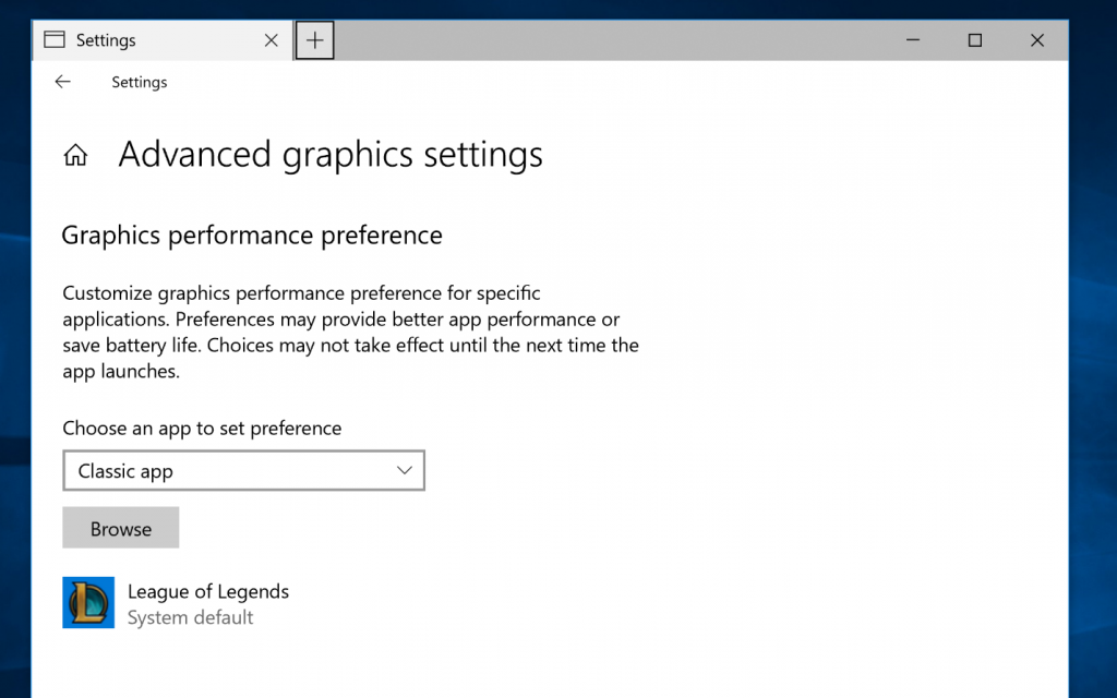 Picture of advanced graphics settings page in Settings. You can choose an app to select graphics performance preference – there’s a dropdown to choose between classic app and universal app.