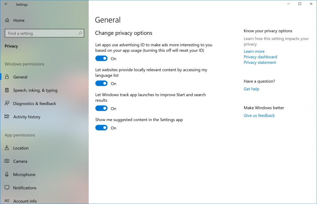 Privacy Settings, with the nav pane showing Windows permissions and app permissions grouped.