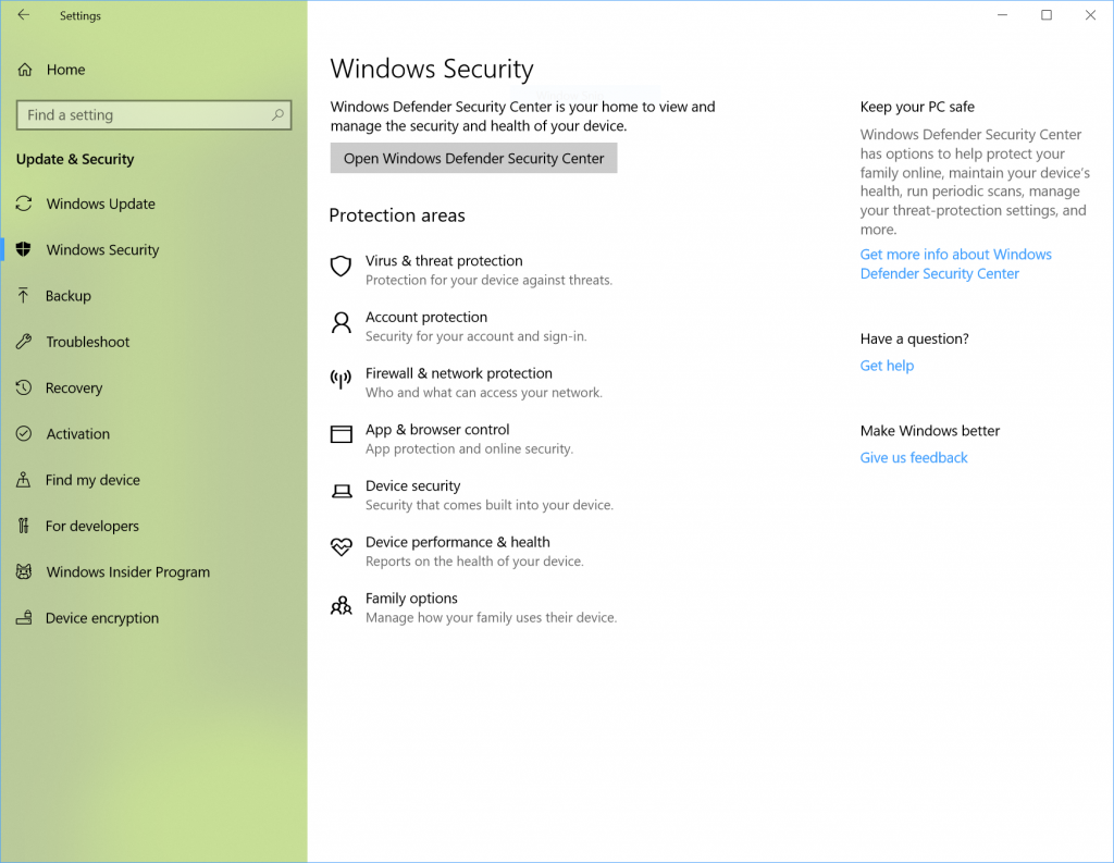 We have renamed the settings page under Settings > Update & Security from “Windows Defender” to “Windows Security. This settings page has also been redesigned – putting emphasis on the various protection areas to keep you safe and secure on your PC. 