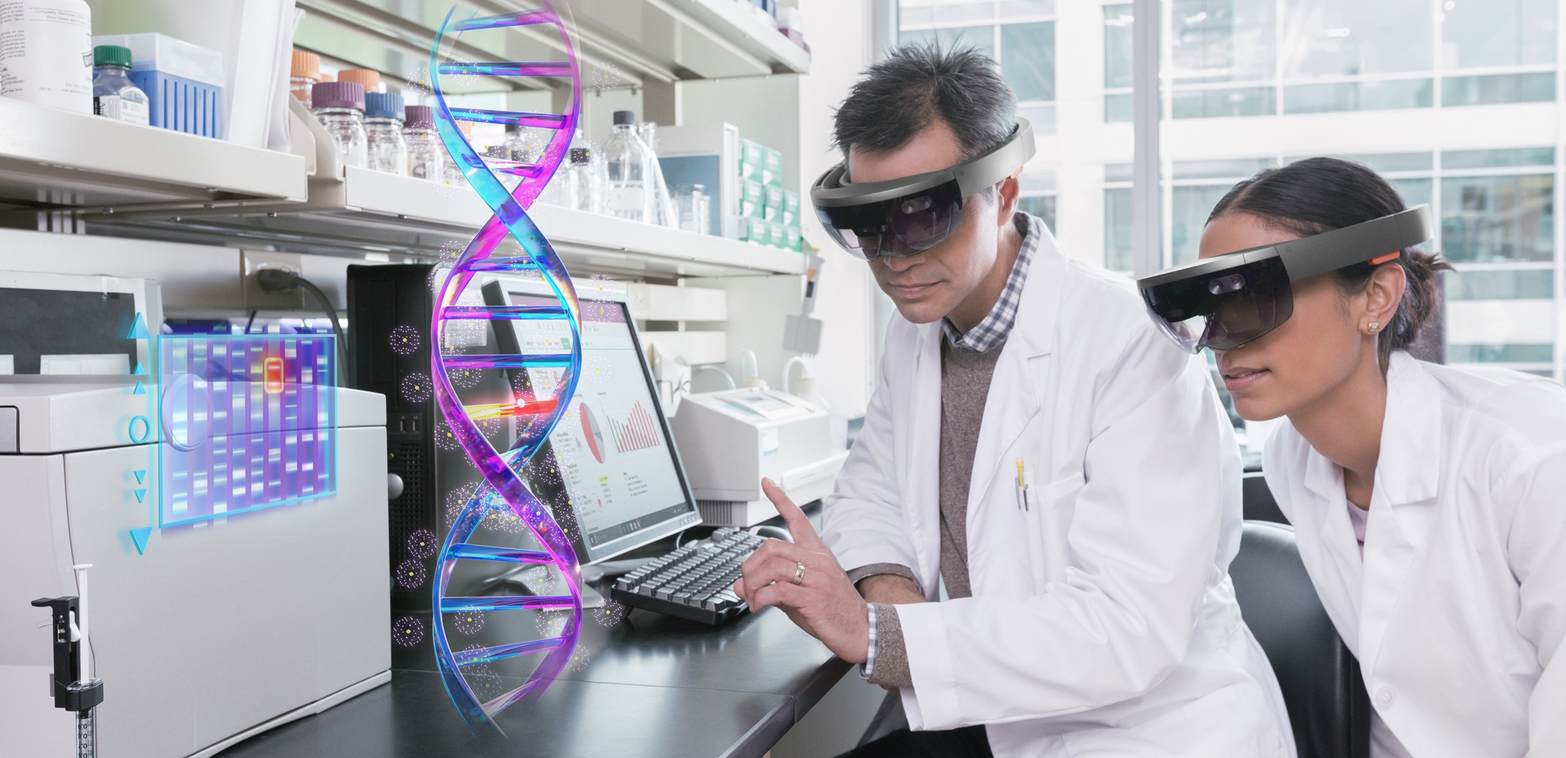 Man and woman in lab wearing HoloLens looking at a hologram of a DNA strand.