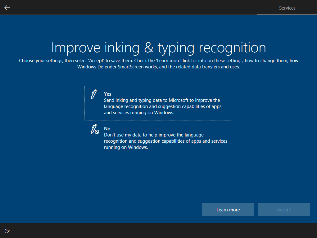 Enabling improve inking & typing recognition allows for improved text suggestions.