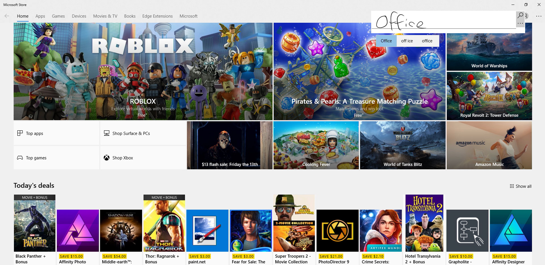 Screenshot of Microsoft Store with inking in search box