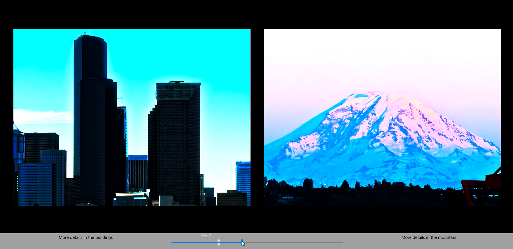 Screenshot of the new HDR video calibration tool showing a skyline and mountain image
