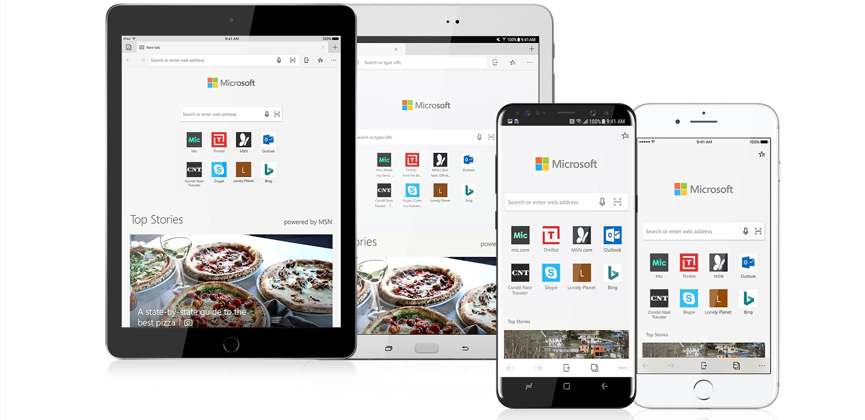 Four devices, two tablets and two smartphones, showing the Microsoft Edge browser