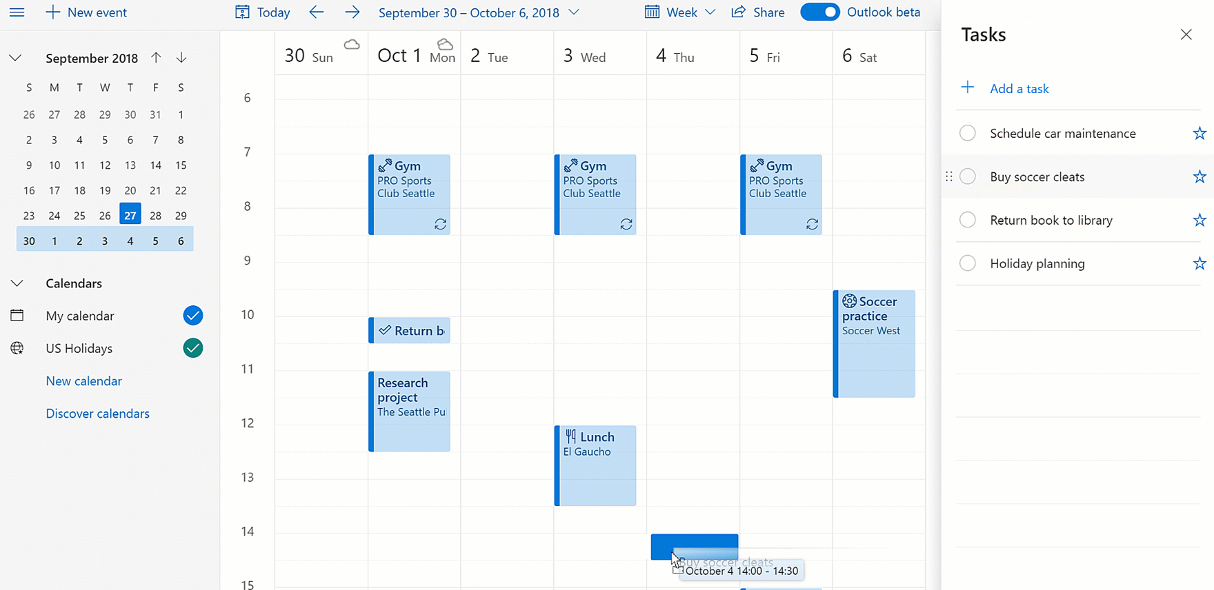 Outlook.com calendar with the tab showing tasks