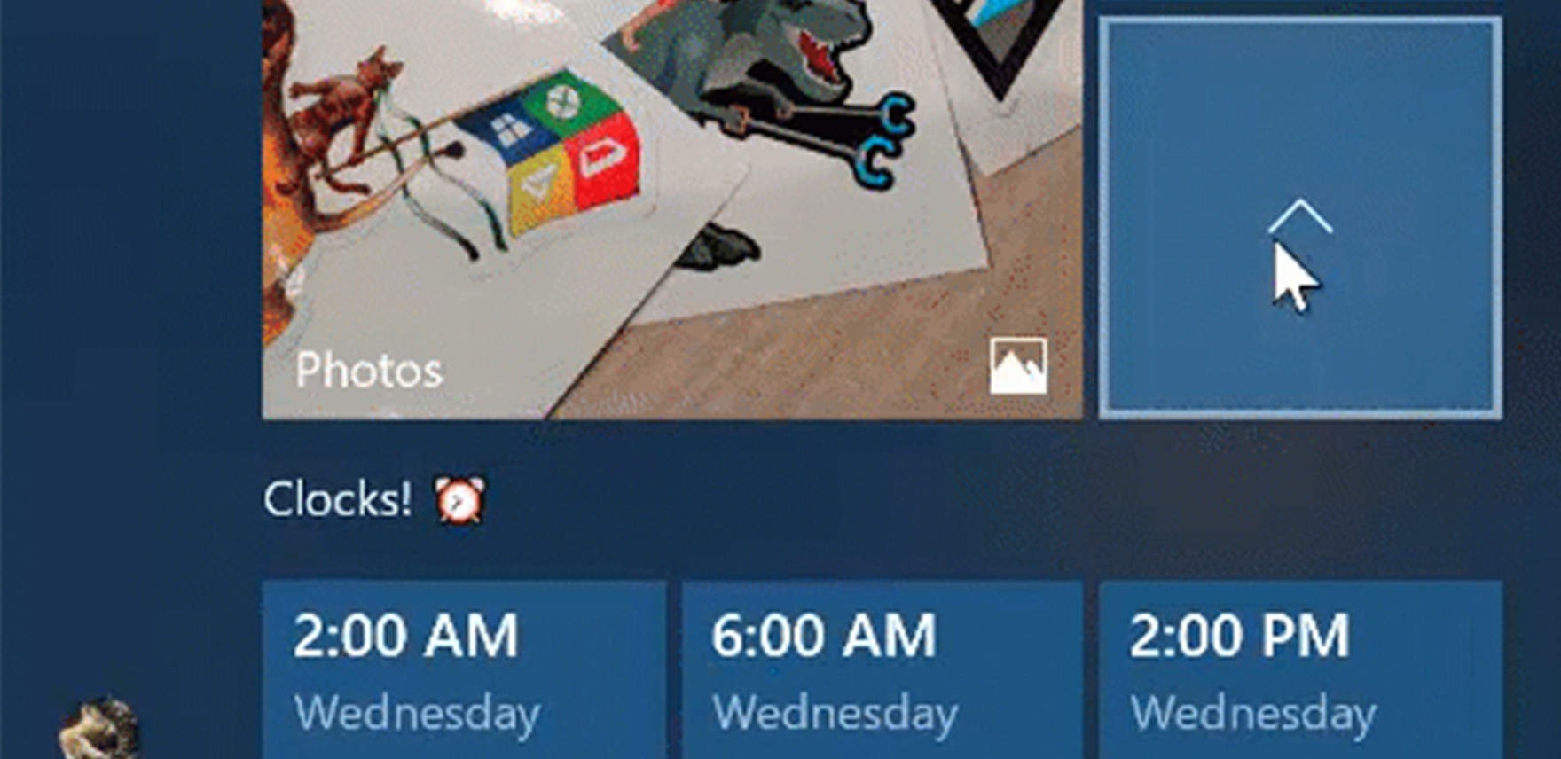 Gif shows cursor arrow hovering over a tile, and upon clicking it shows a Clocks! folder which has times of different locations around the world
