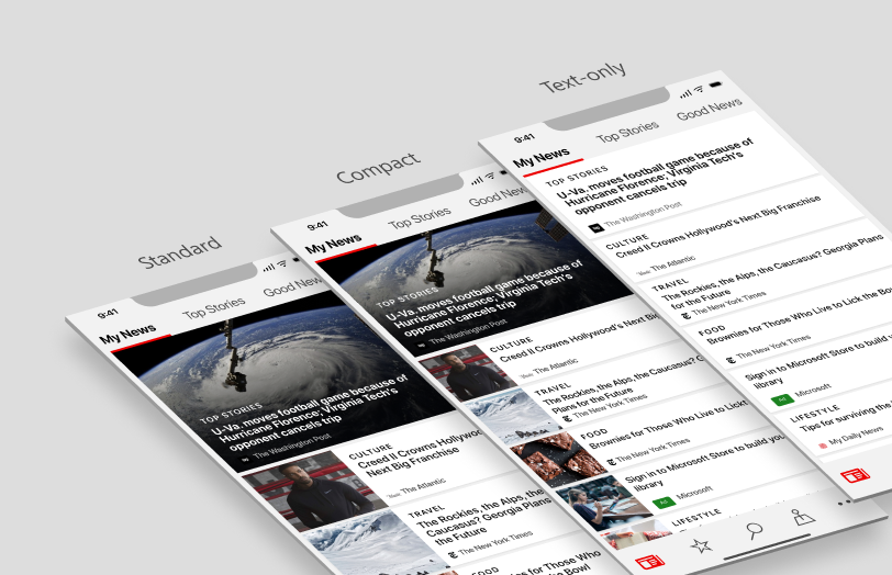 Layout choices for your news feed: standard, compact or text-only