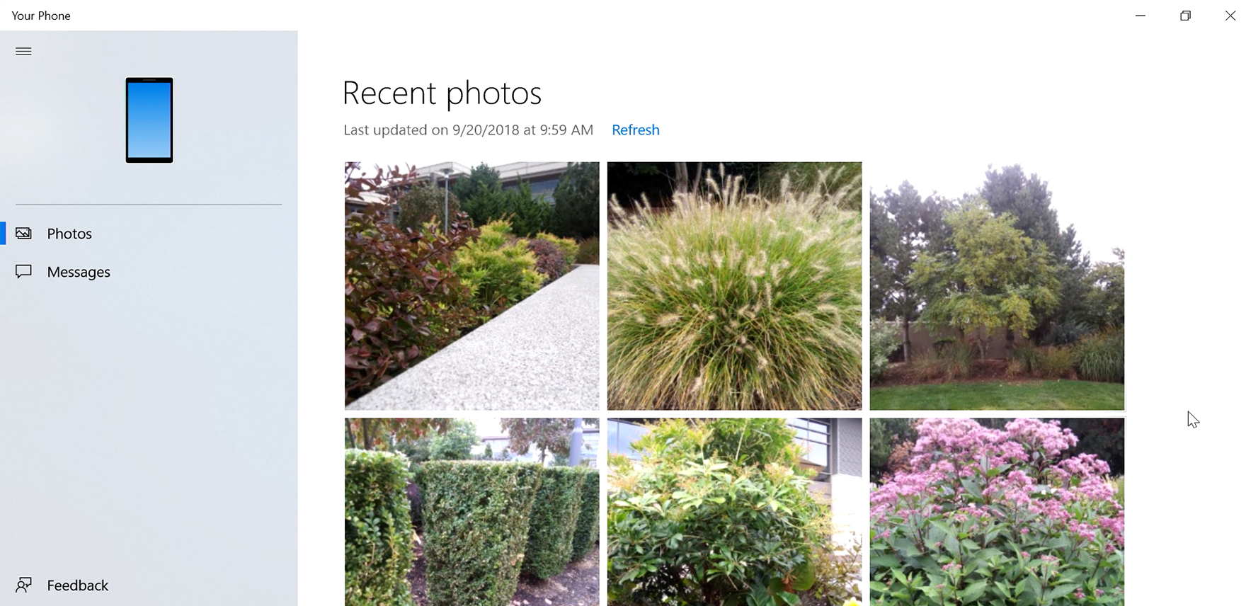 Screenshot of recent photos shown on PC screen using Your Phone app