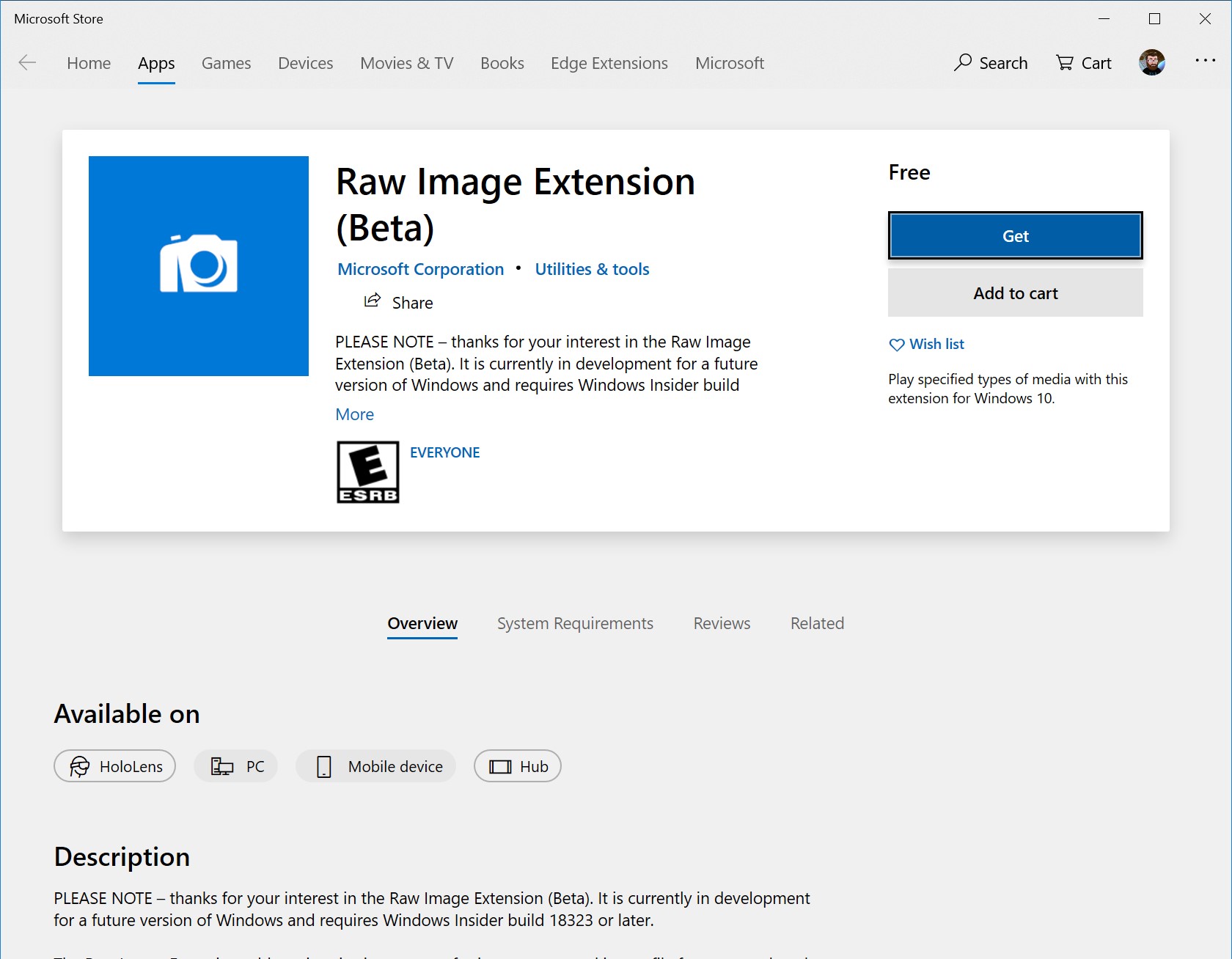 The new Raw Image Extension (Beta) package in the Microsoft Store.
