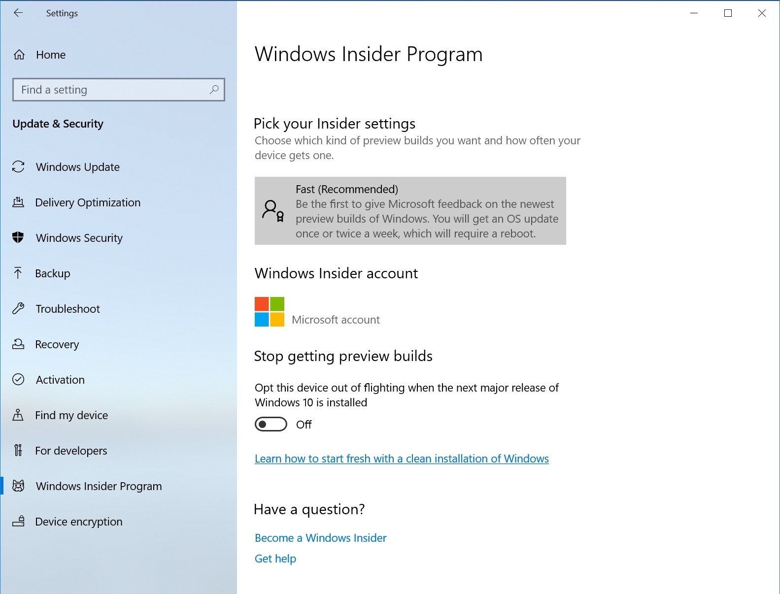 New simplified Windows Insider Program Settings page via Settings > Update & Security > Windows Insider Program.