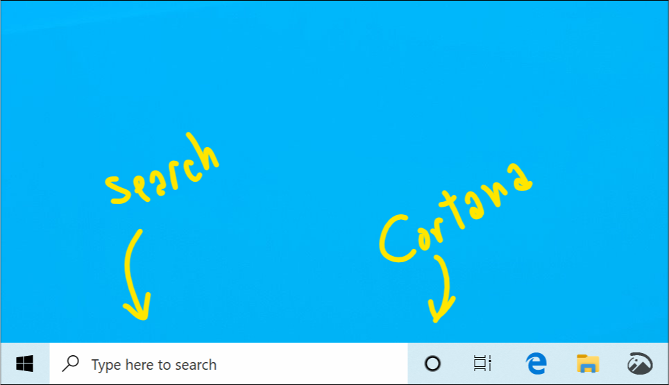 Showing the taskbar, pointing out the search box, and the Cortana icon.