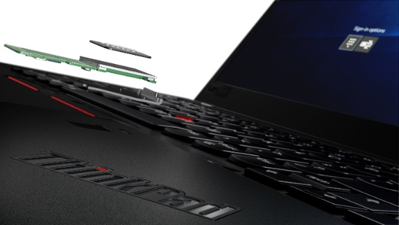 Close-up of Lenovo fingerprint reader with components floating above keyboard