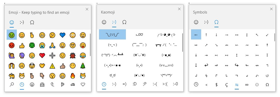 Showing the three sections of the picker – emoji, kaomoji and symbols