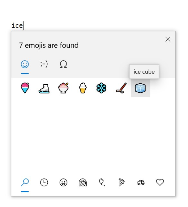 Showing the emoji picker, with a search for “ice” which has 7 results, one of which is “ice cube” (new emoji)