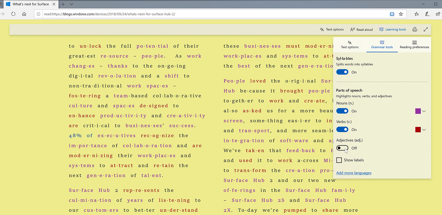Screenshot of grammar tools