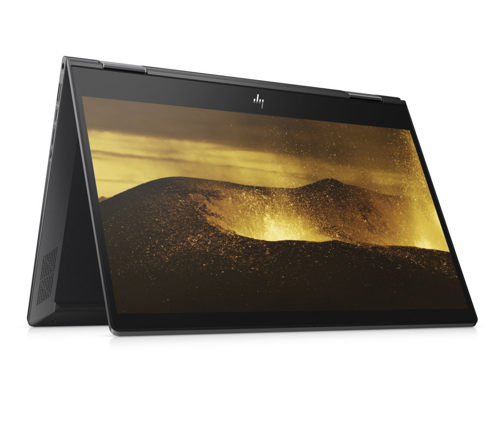 HP ENVY x360 13 in black, open in tent position with a landscape image
