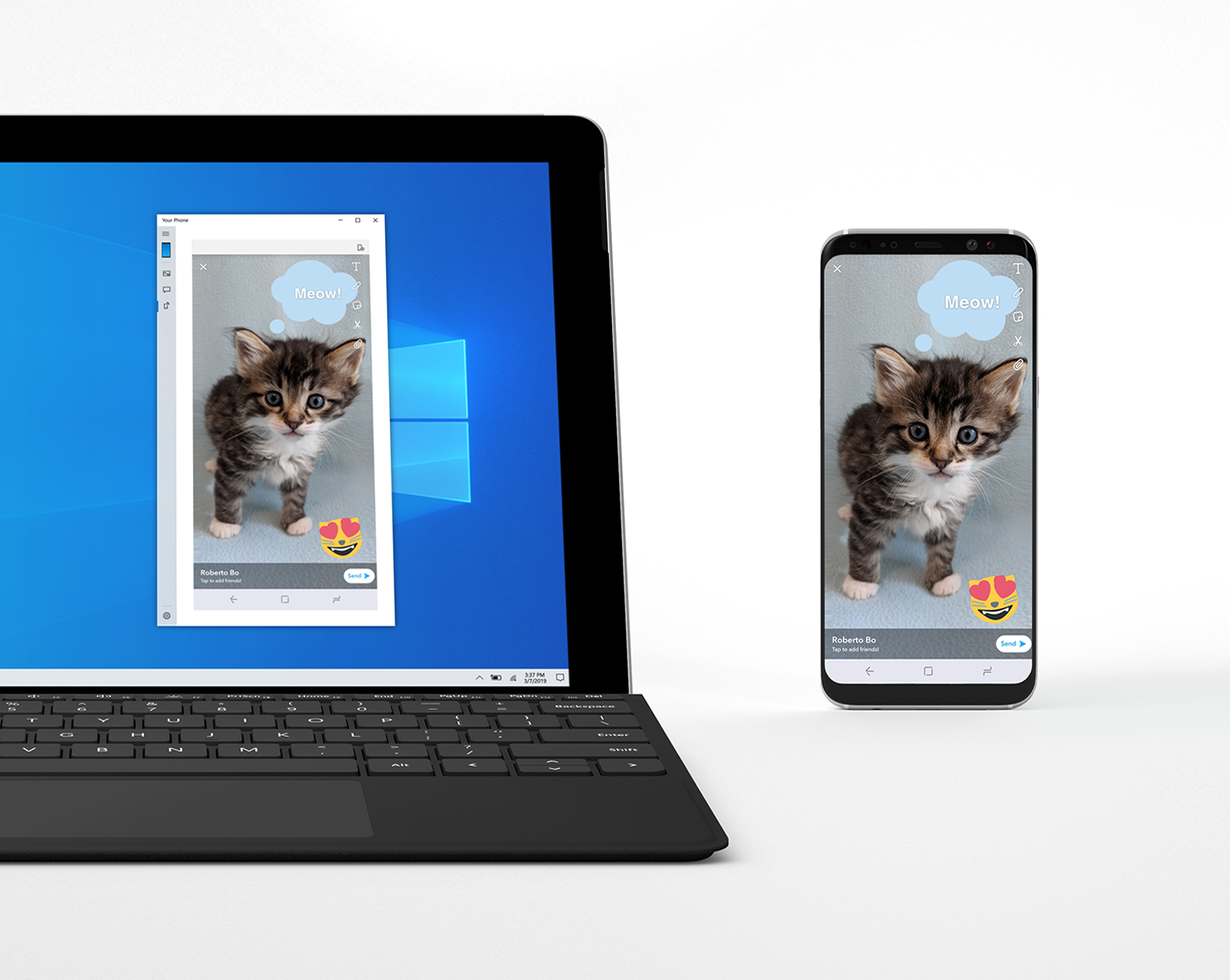 Showing a picture of a cat on a phone, and that same picture of a cat is visible in the Your Phone window on a laptop next to it