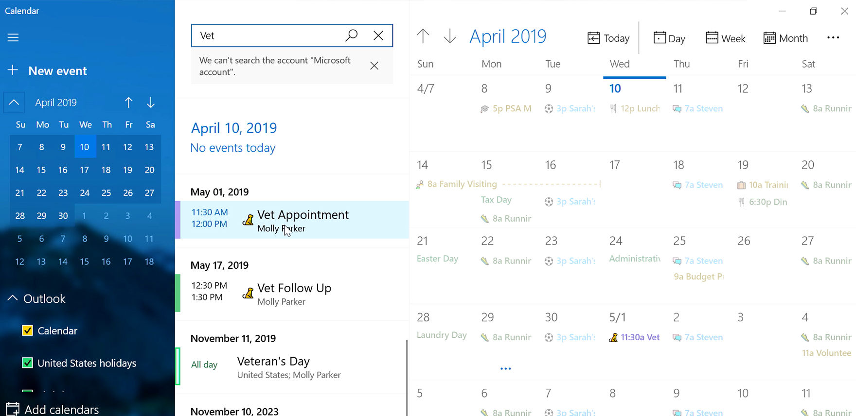 Screenshot shows calendar and searching for 