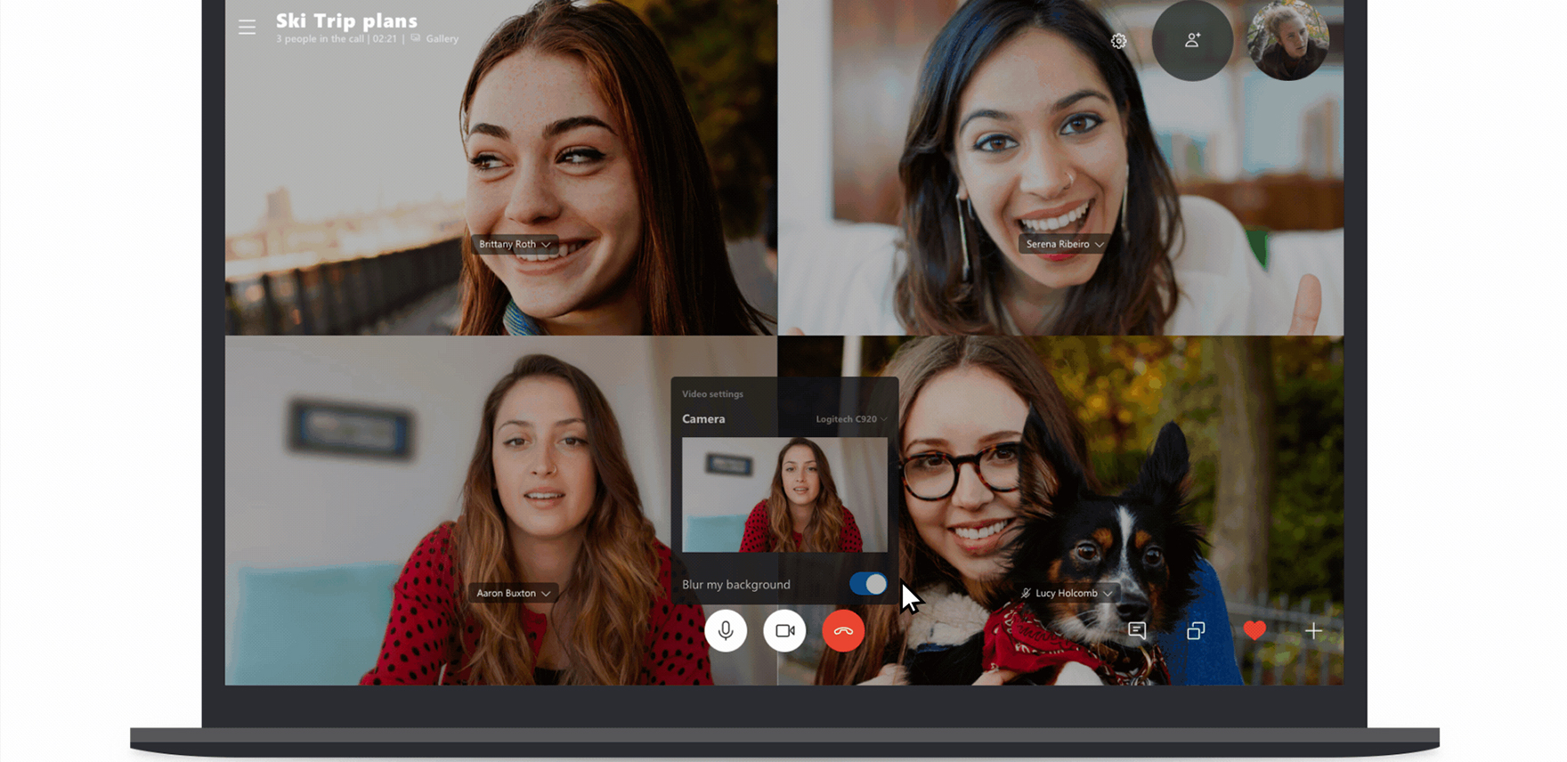 Screenshot of 4 women on a Skype call showing how one woman's background is blurred
