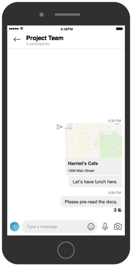 GIF shows a chat in progress on a phone and tapping the + button to choose OneDrive and then a file to share