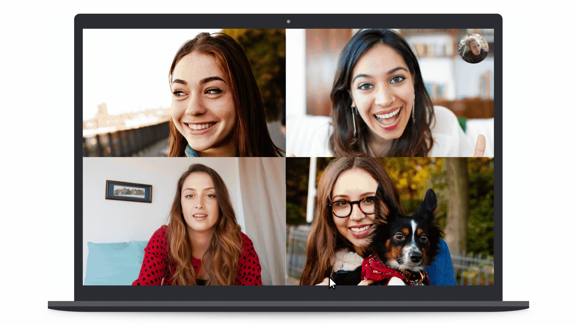 GIF shows 4 women on a Skype call, with one woman blurring her background by clicking on the camera icon and toggling that action
