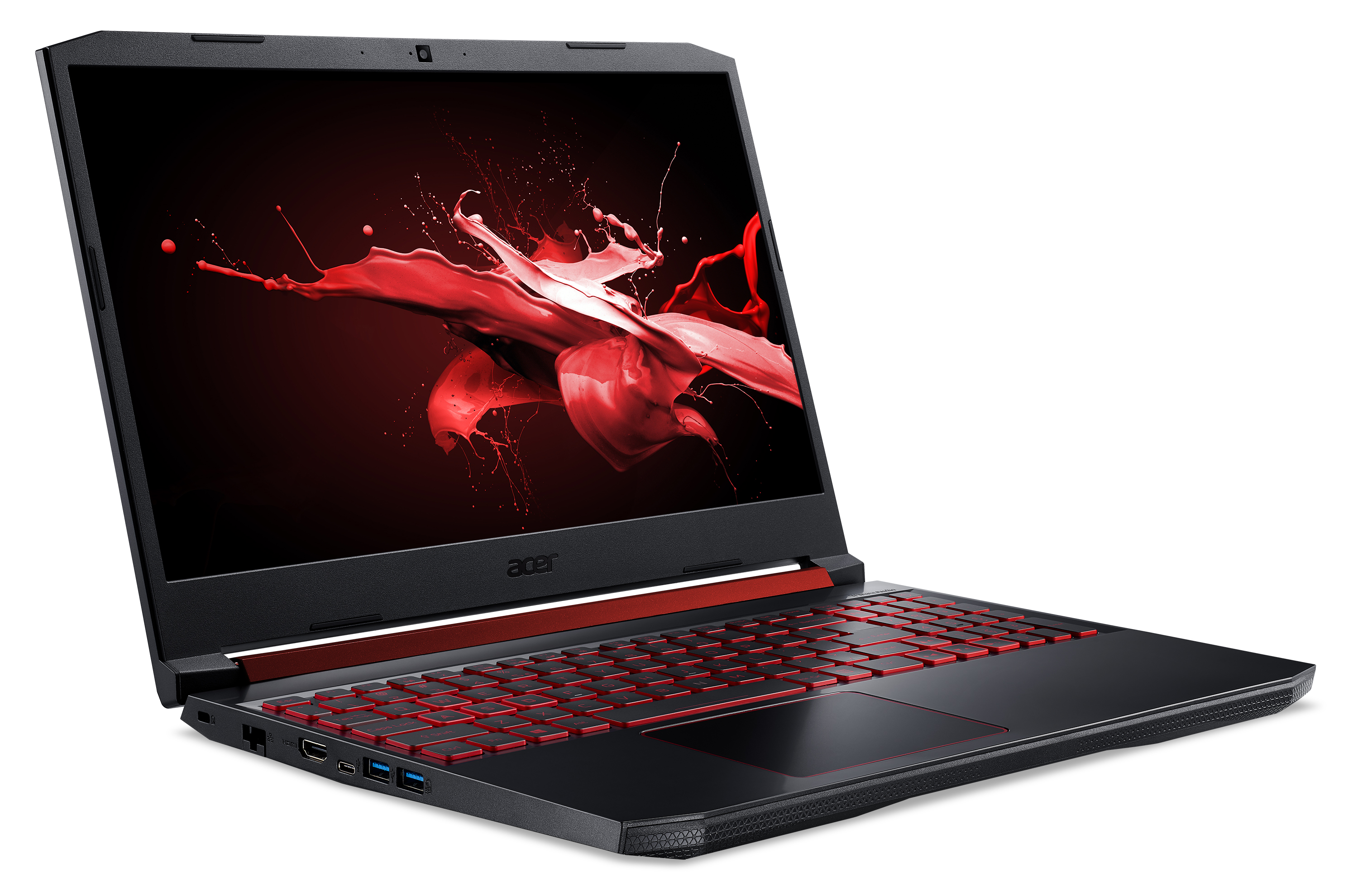 Photo of a Nitro 5 laptop, lit up with a red keyboard and red image on screen