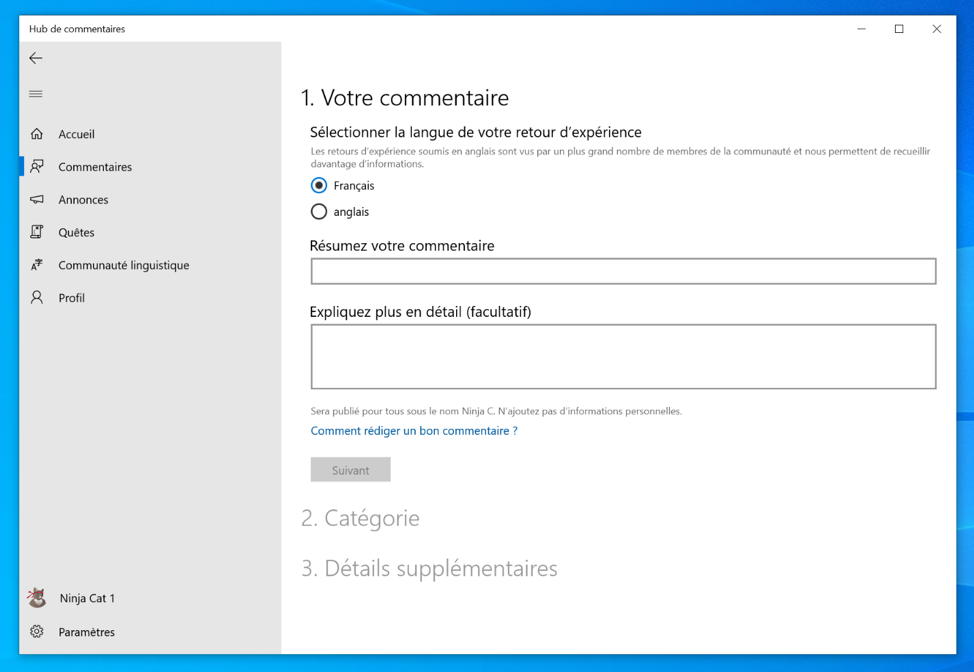 Showing feedback submission form where you can choose between French and English