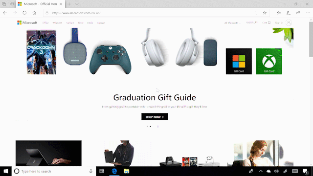 GIF shows graduation gift guide and Jump List of top sites pulled up
