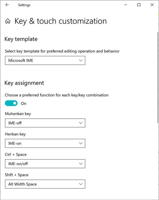 Showing the key and touch customization section in Settings for an IME. Has key assignment options