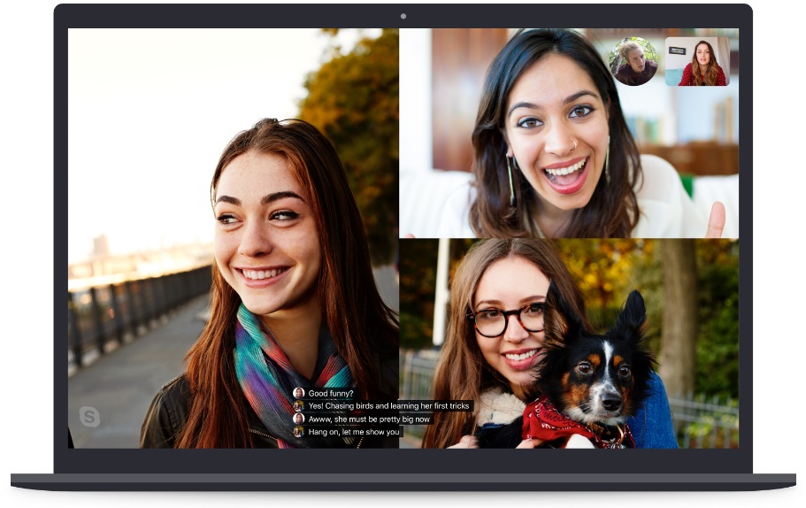 Screenshot shows a Skype call with live subtitles scrolling on screen