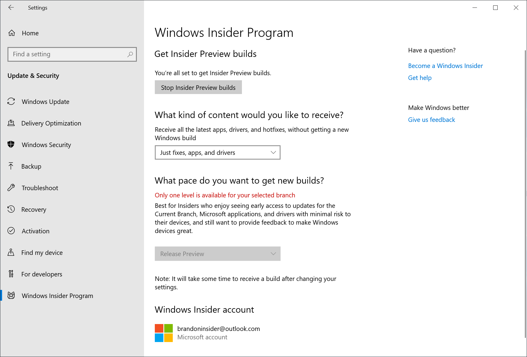 After rebooting your PC, double-check your Windows Insider Program settings via Settings > Update & Security > Windows Insider Program and make sure it shows “Release Preview” under “What pace do you want to get new builds?”. 