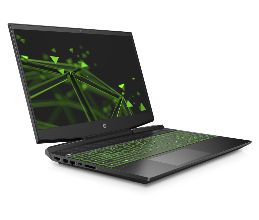 Photo of HP Pavilion Gaming 15 Laptop, open and facing right with keyboard backlit in green