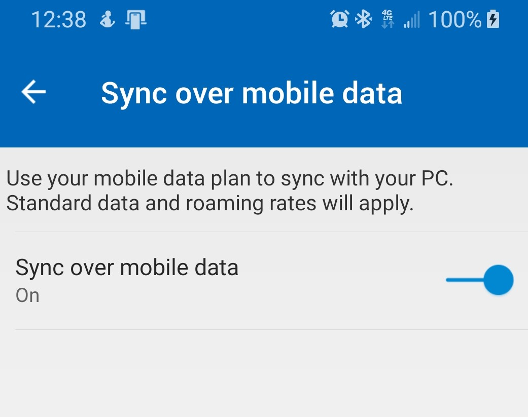 Screen showing ‘Sync over mobile data’ under the Your Phone Companion app settings
