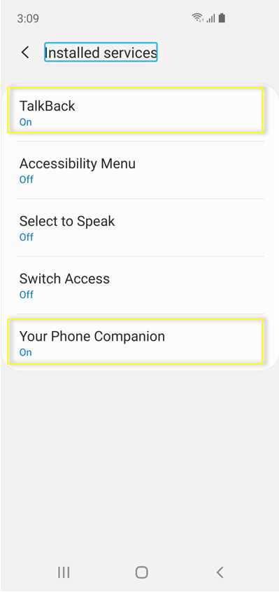 Screen showing both TalkBack and Your Phone Companion settings set to ‘On’.