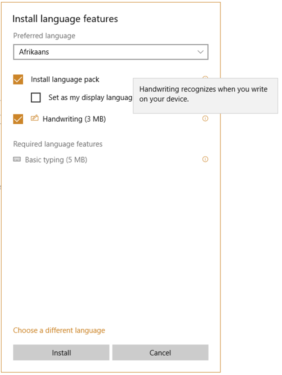 The popup dialog where you can install language features.