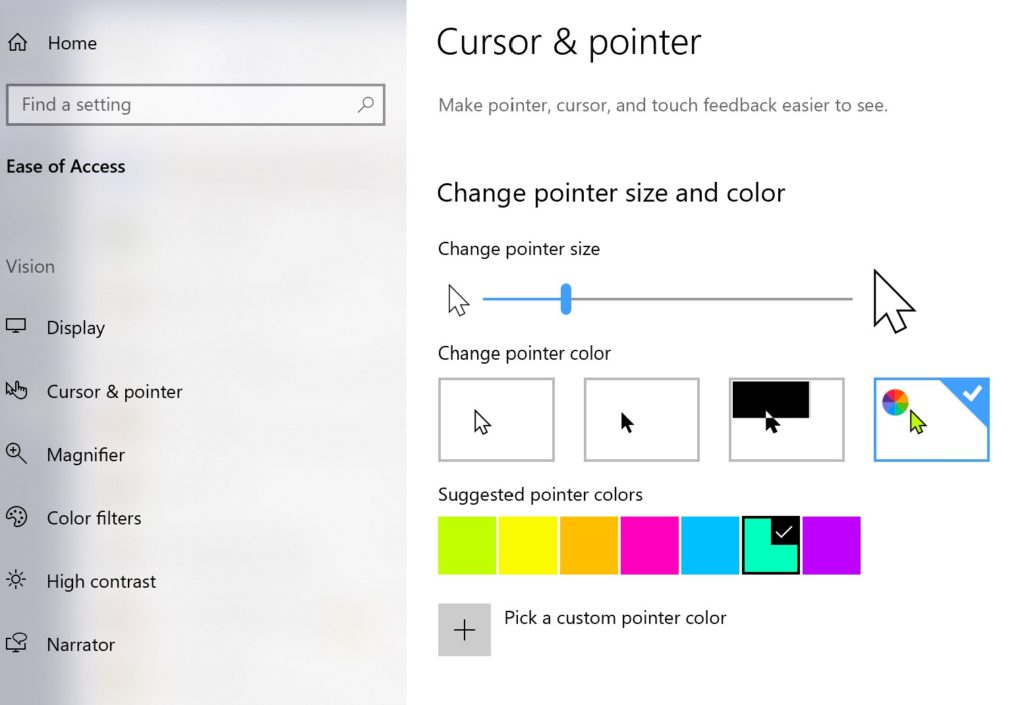 Screenshot showing Cursor & pointer page