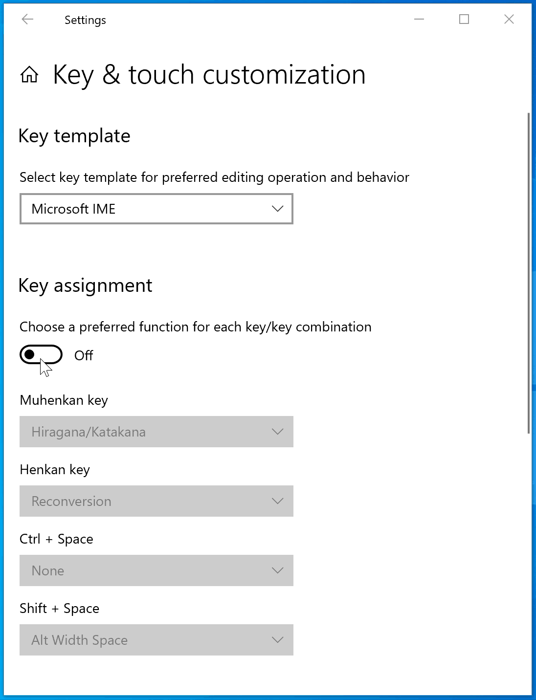 Showing the improved key assignment settings in the Key & touch customization on the Japanese IME settings.