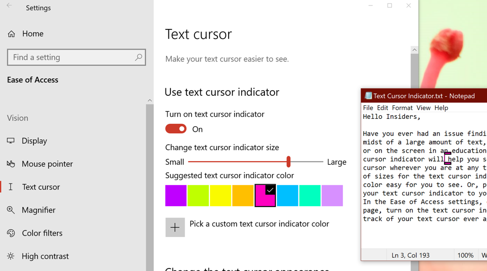 Text cursor setting page with the option to use it enabled. Off to the side, there’s an example of how it looks hovering over text in Notepad.