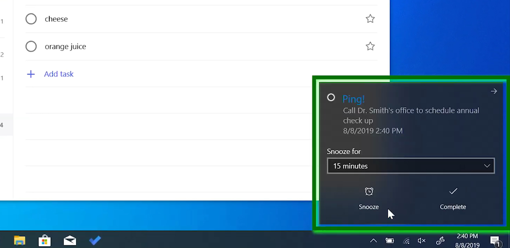 Screenshot focused on a pop-up reminder from Cortana