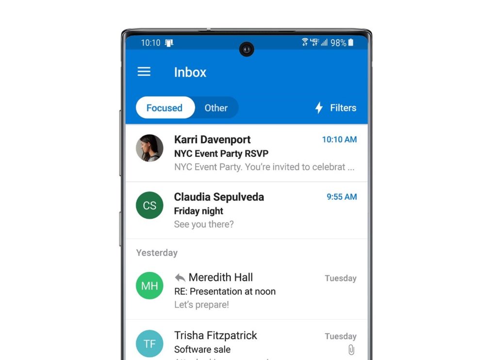 Outlook Inbox in new Samsung device