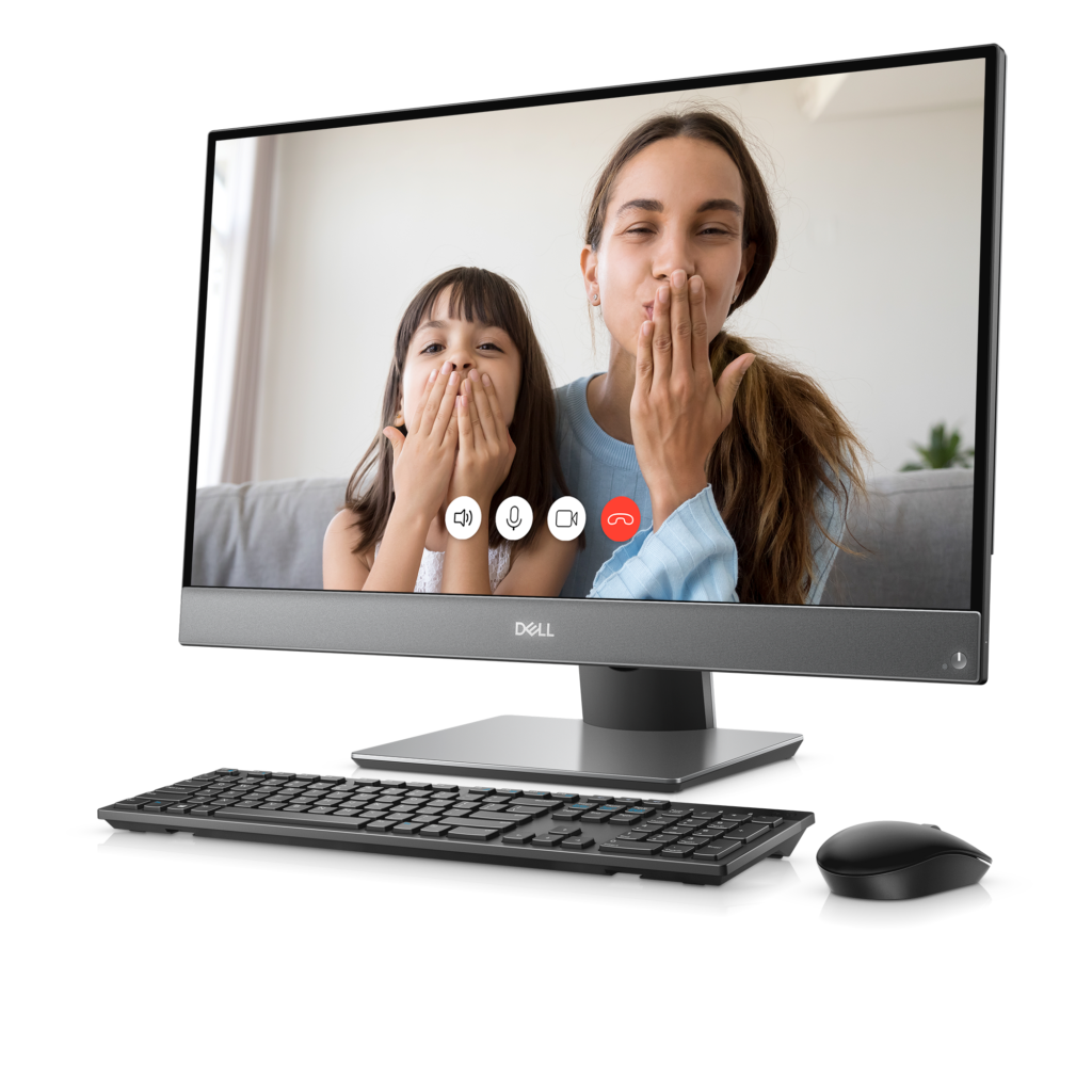 Photo of an Inspiron 27 7000 display, showing a woman and a young girl on Skype smiling at the camera