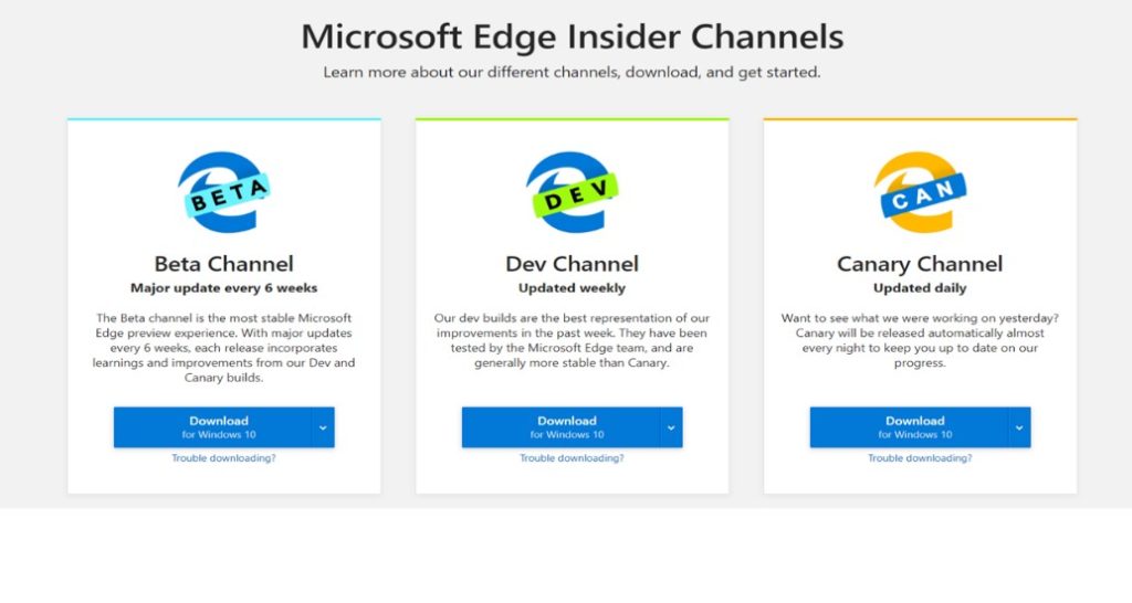 Screenshot of Microsoft Edge Insider Channels