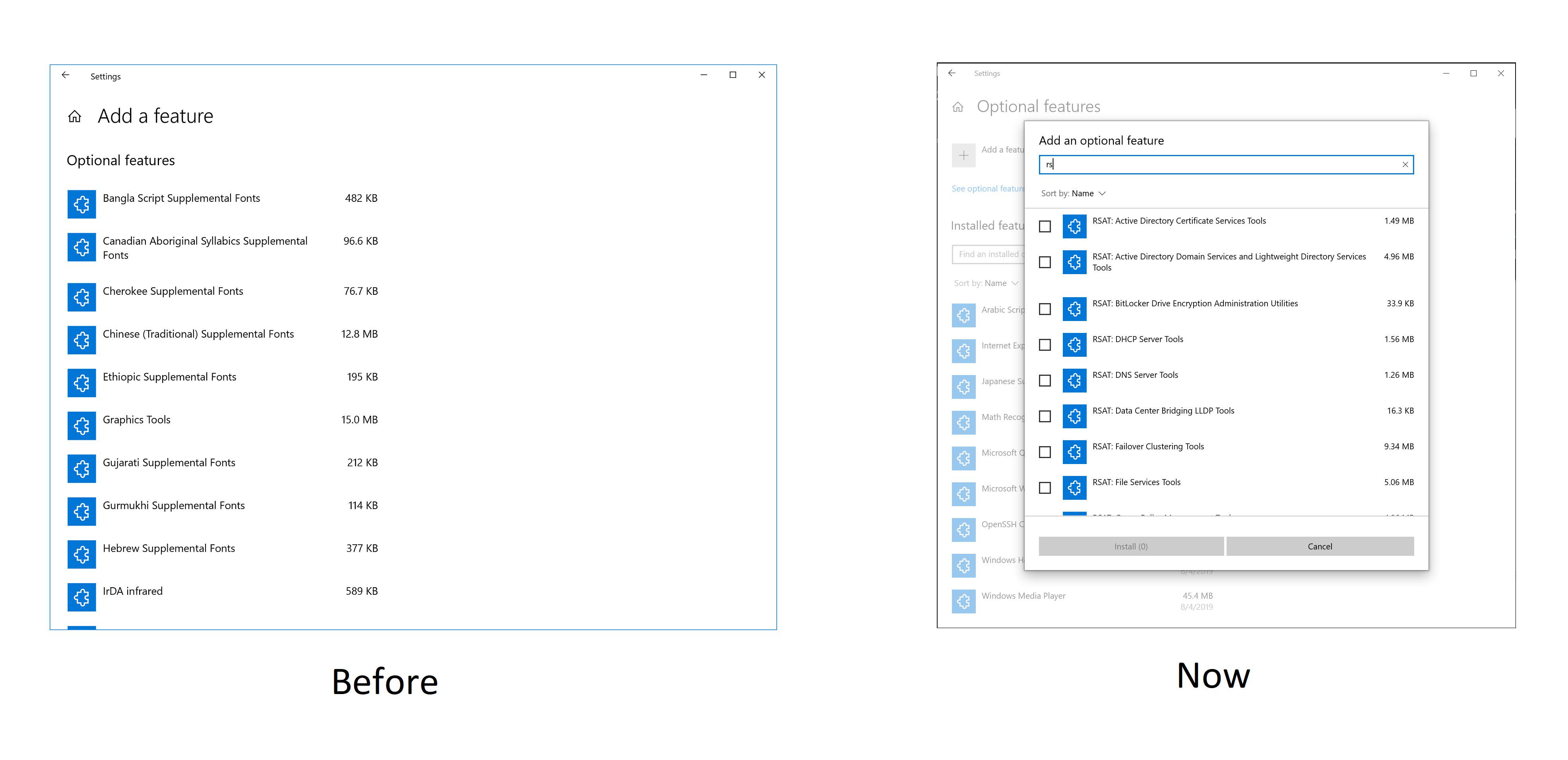 Showing a before and after of the add a features section in settings. You can now multiselect and search.