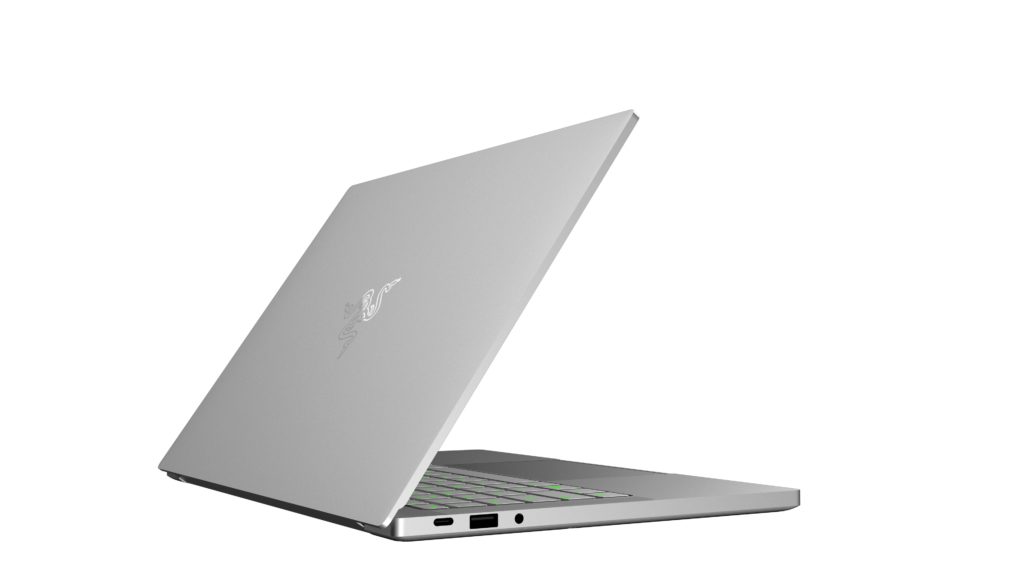 Photo of Razer Blade Stealth 13 in Mercury White, open but facing away to show laptop cover