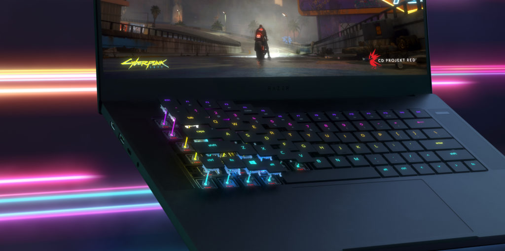 Photo of the Razer 15 gaming laptop with next generation optical switches rising up from keyboard in different colors