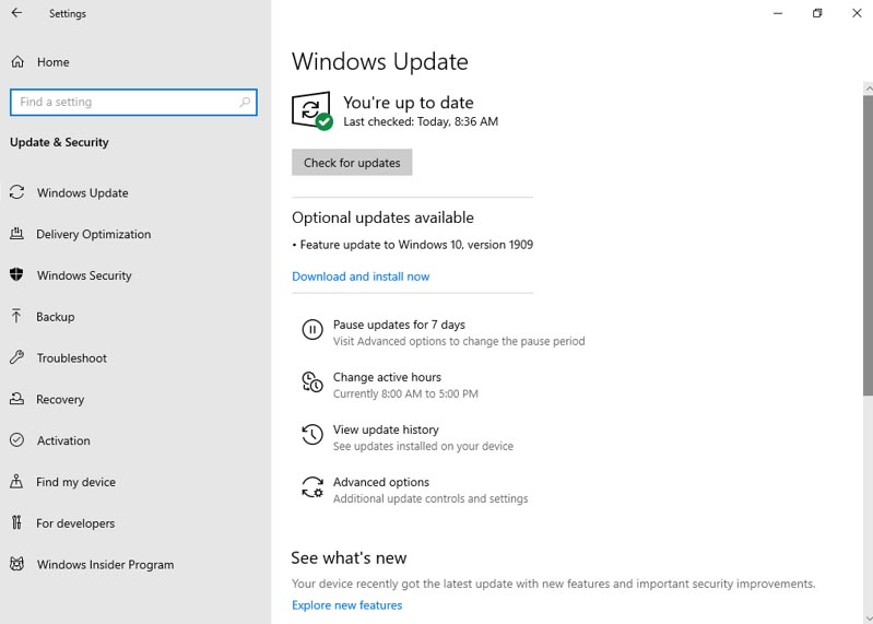 Windows Update user interface