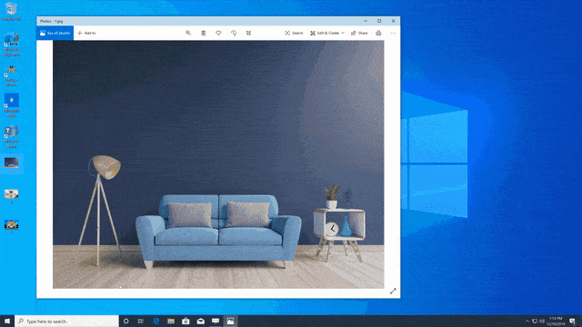 GIF showing how Visual Search works, using searching for a blue couch as an example, with similar results popping up after sniping a screenshot of the couch